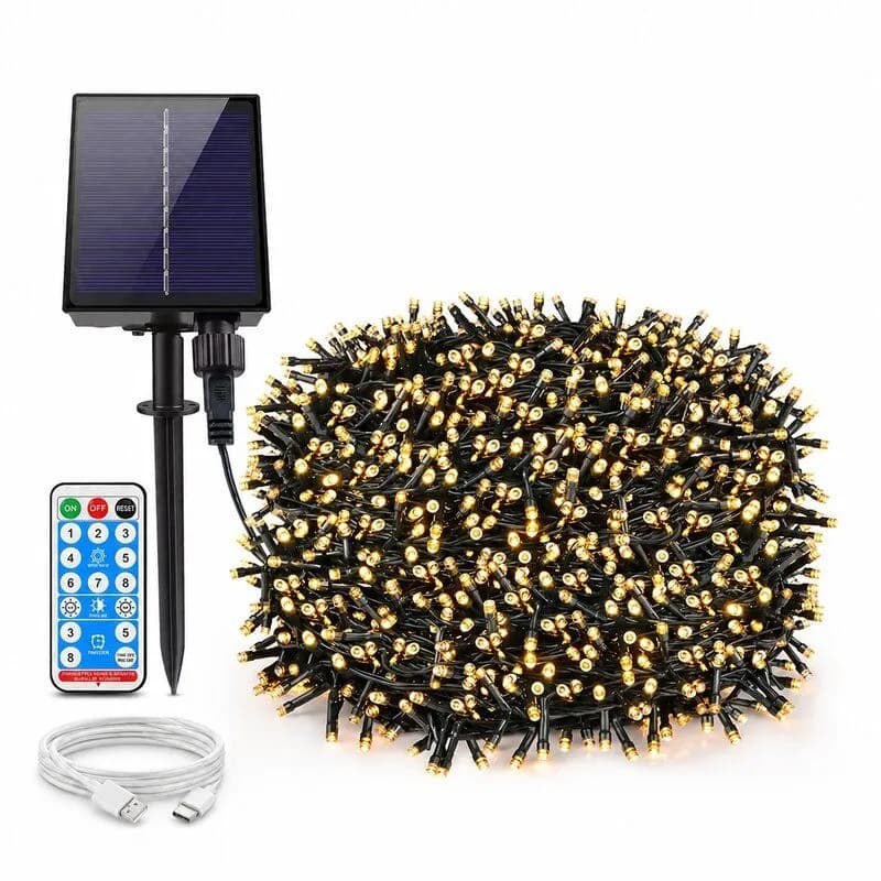 גרילנדה סולארית 200 לד עם שלט אלחוטי וחיבור USB | לבן חם