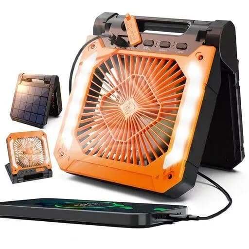 מאוורר נייד סולארי עם תאורה ובנק טעינה 20,000mAh