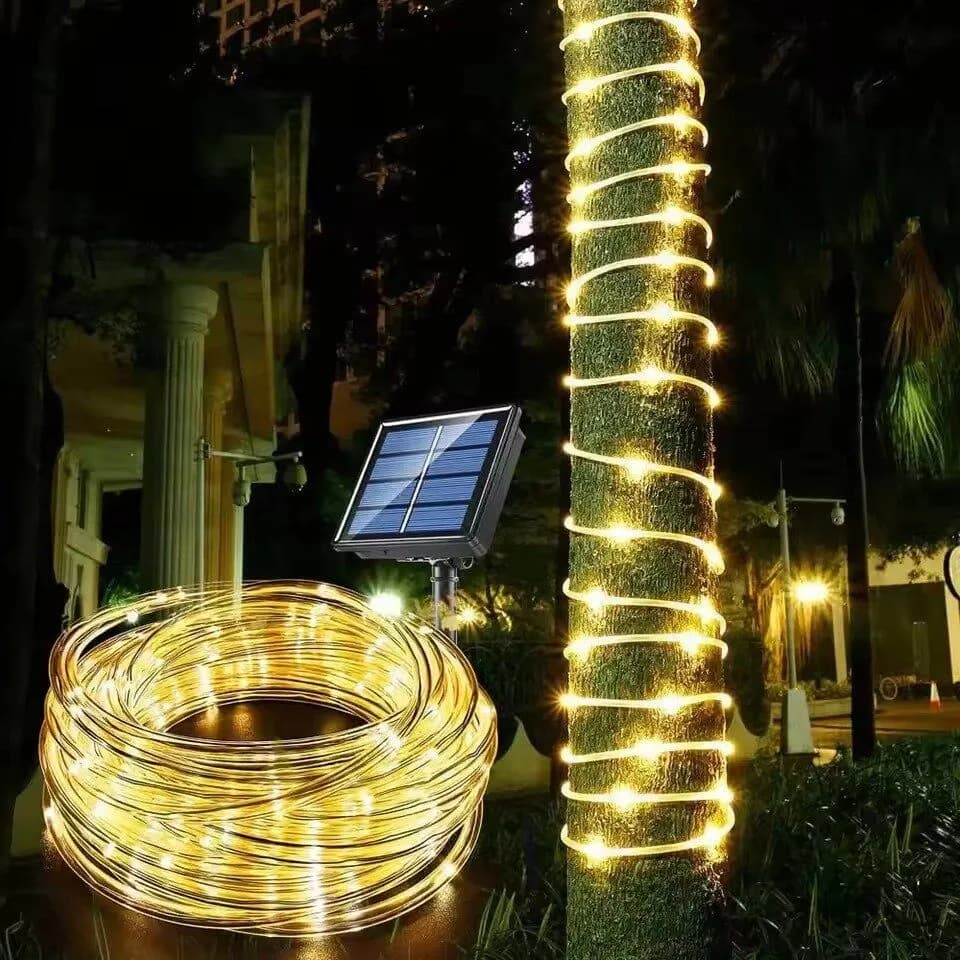 חבל לדים סולארי 100 לד 12 מ' עם שלט אלחוטי ו-USB | לבן חם