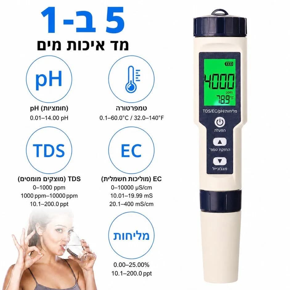 מד איכות מים דיגיטלי 5 ב-1: בוחן PH, TDS, EC, מליחות וטמפרטורה